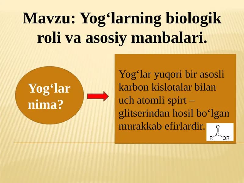 Yog‘larning biologik roli va asosiy manbalari.