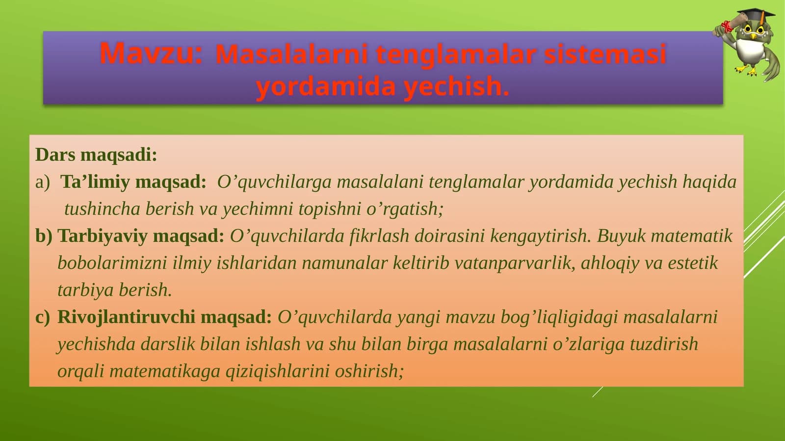 Masalalarni tenglamalar sistemasi yordamida yechish