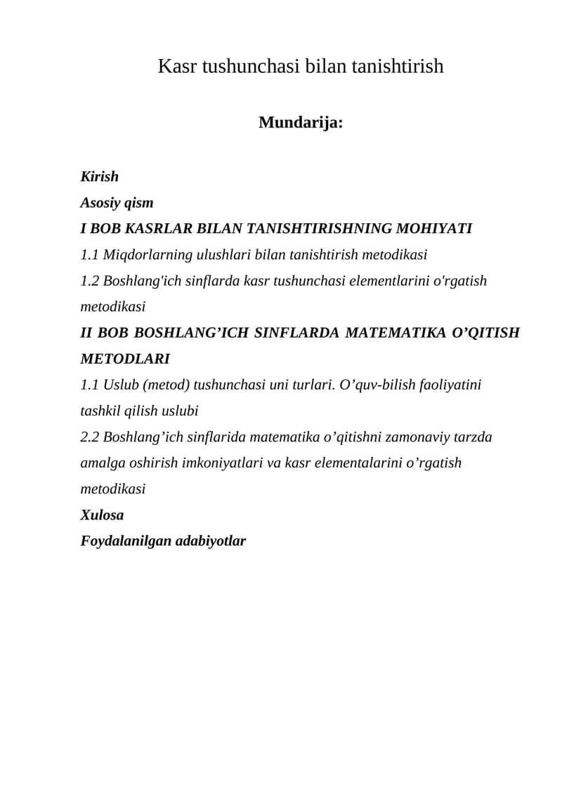 Kasr tushunchasi bilan tanishtirish