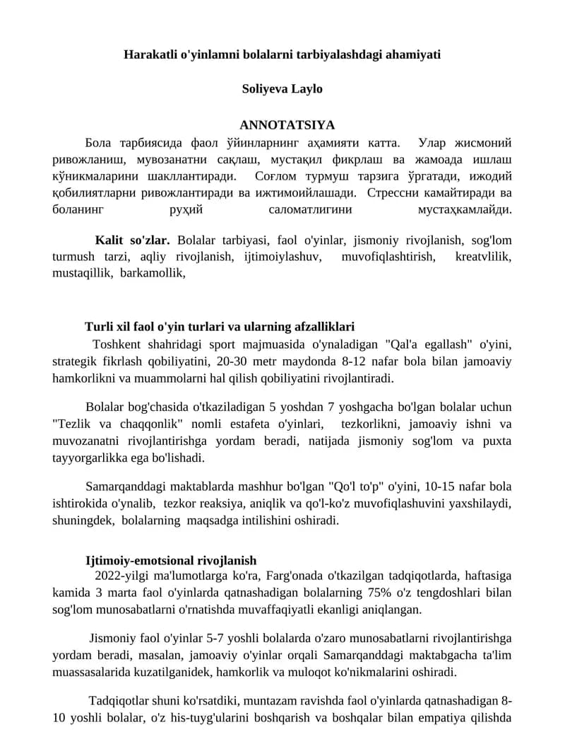 Faol o'yinlar va bolani tarbiyalash