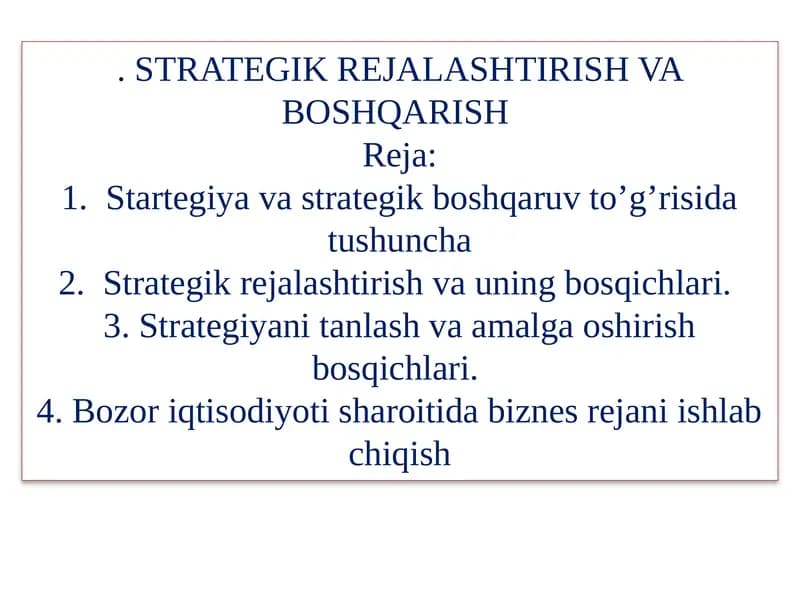 Strategik Rejalashtirish va Boshqarish