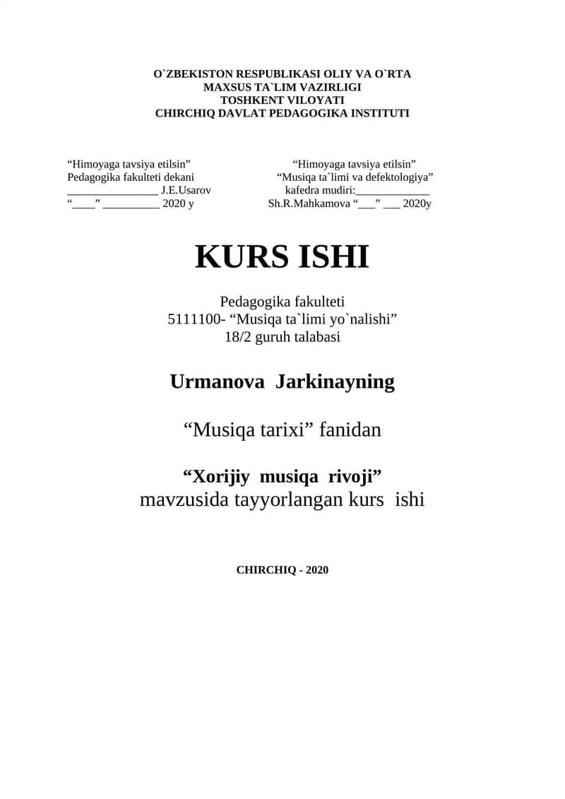 Kurs Ishi - "Musiqa ta`limi yo`nalishi"