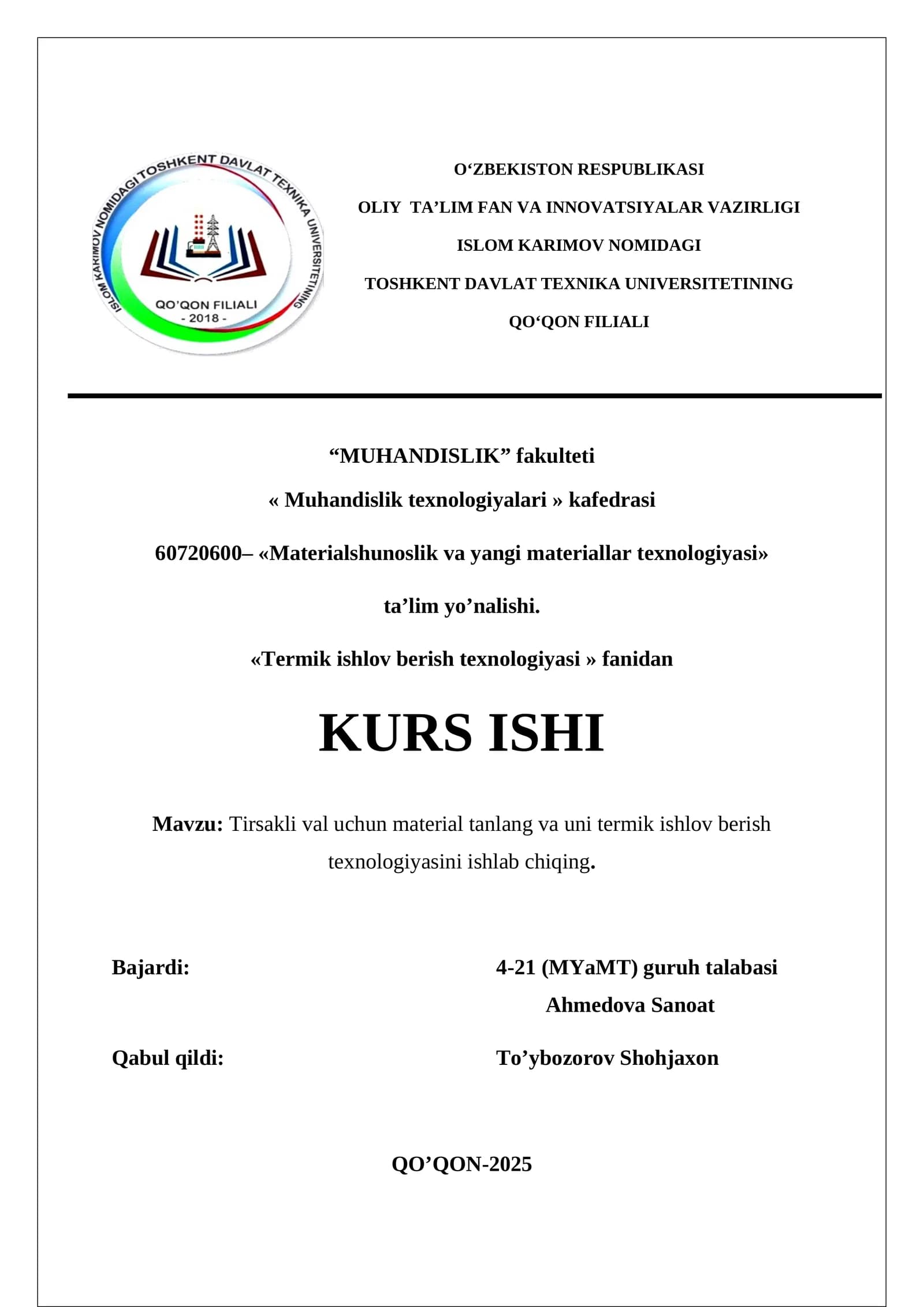 Tirsakli val uchun material tanlov