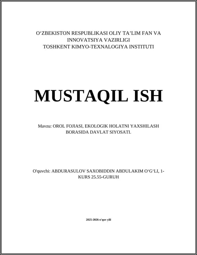 OROL FOJIASI, EKOLOGIK HOLATNI YAXSHILASH BORASIDA DAVLAT SIYOSATI