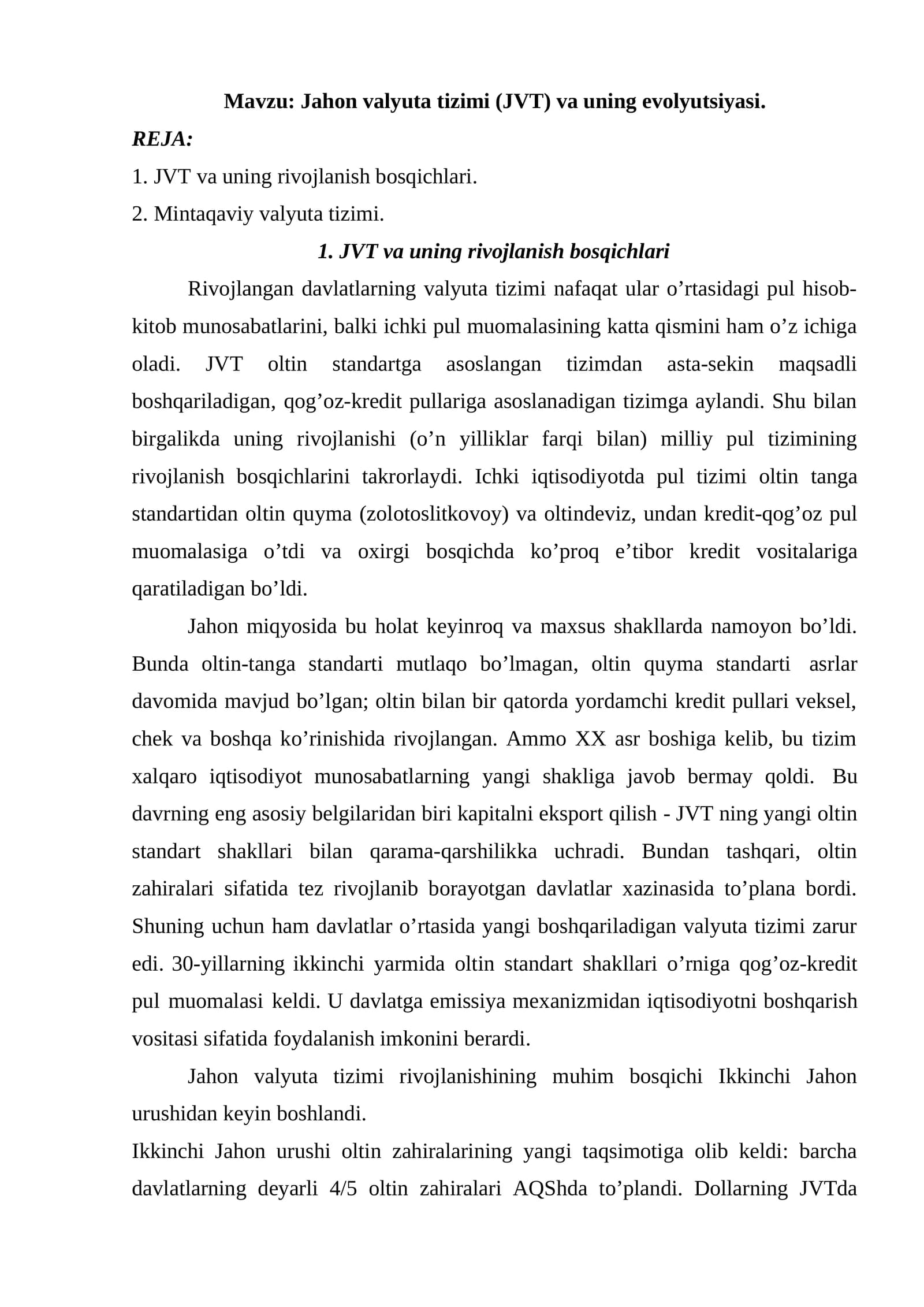 Jahon valyuta tizimi (JVT) va uning evolyutsiyasi