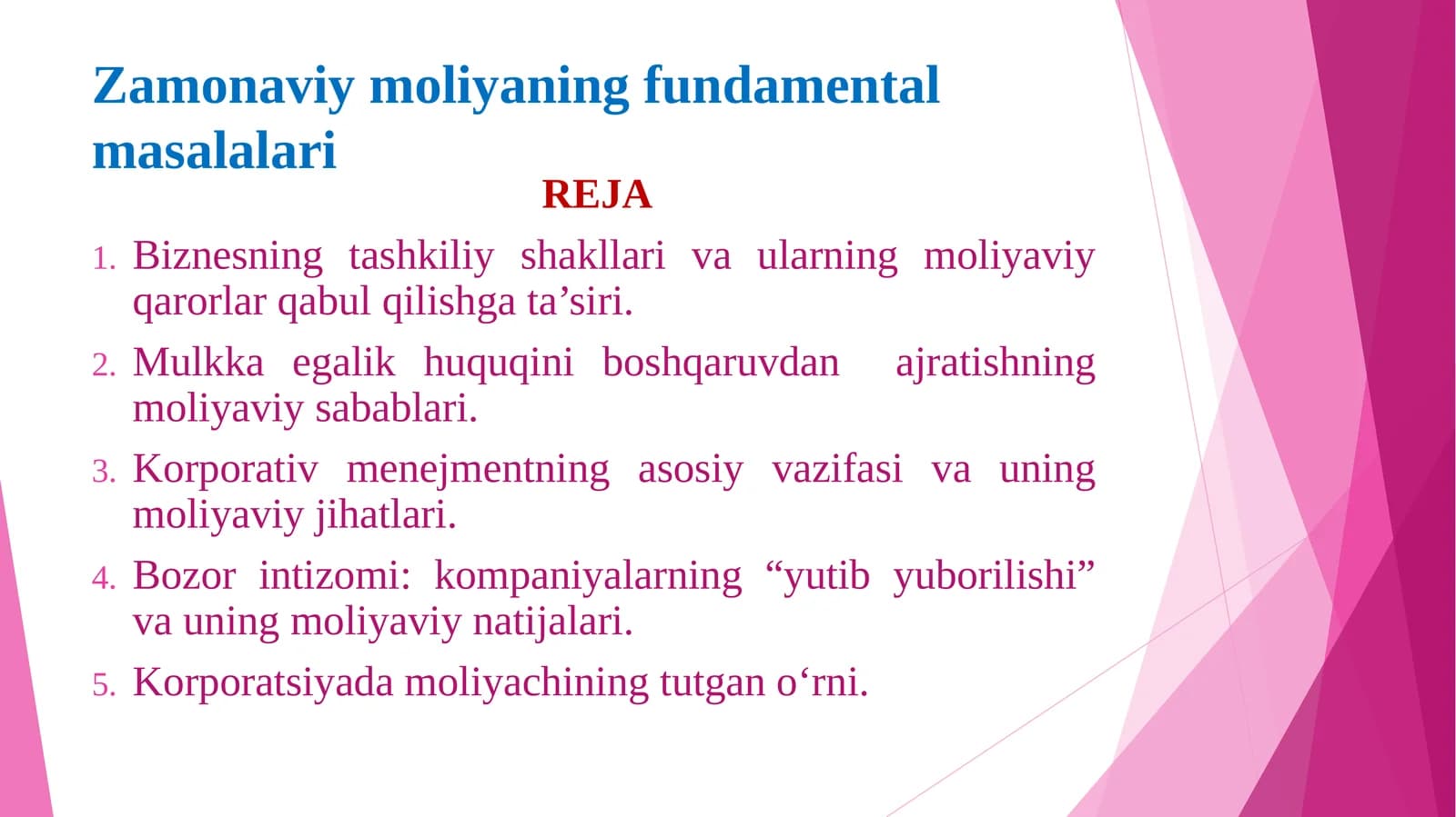 Zamonaviy moliyaning fundamental masalalari
