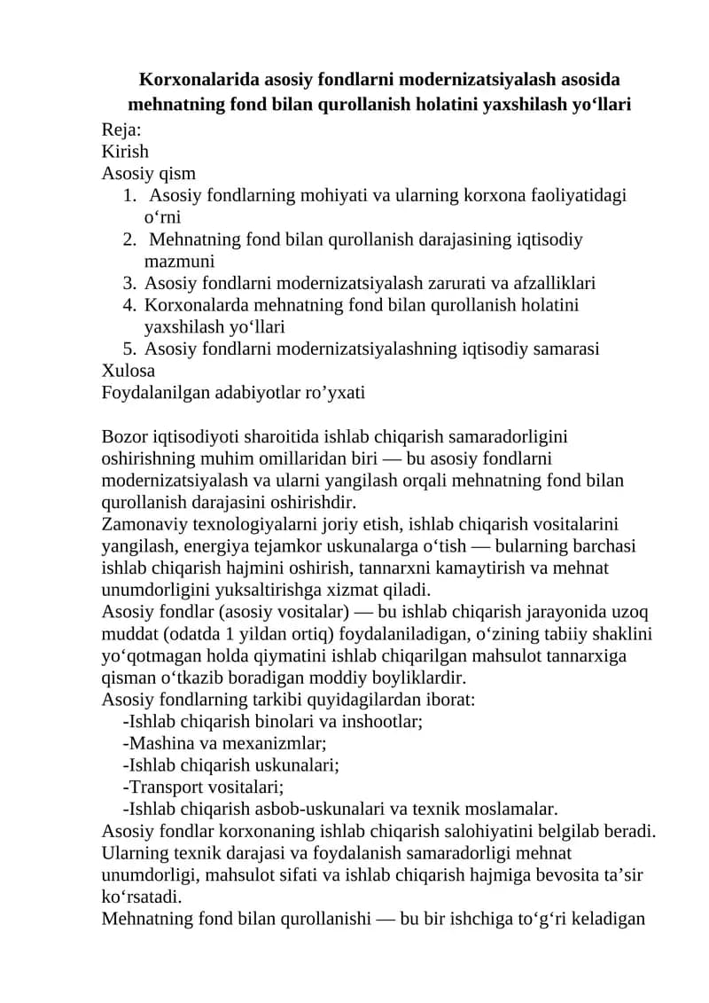 Asosiy Fondlar va Mehnat Qurollanishi