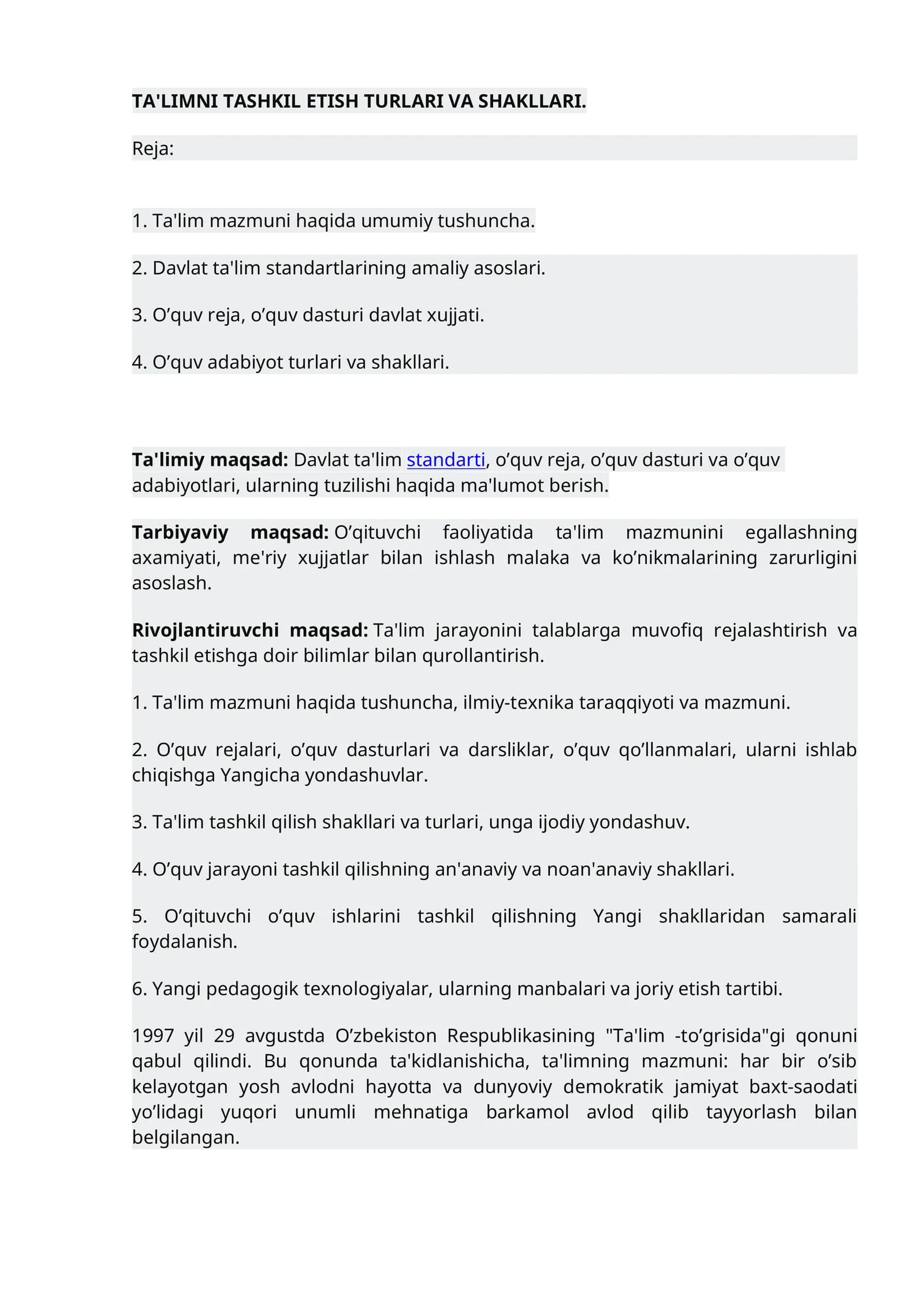 Ta'LIMNI TASHKIL ETISH TURLARI VA SHAKLLARI