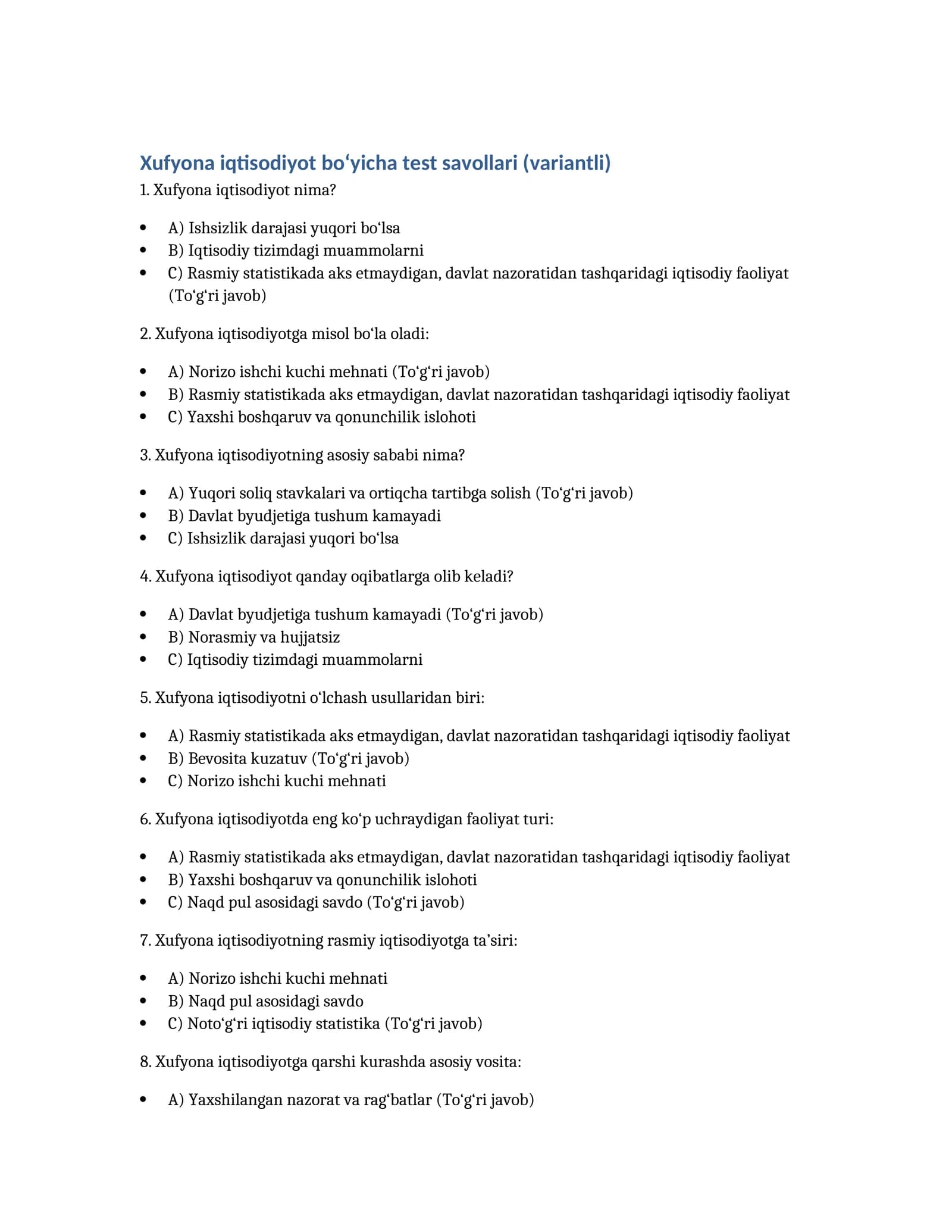Xufyona iqtisodiyot bo‘yicha test savollari (variantli)