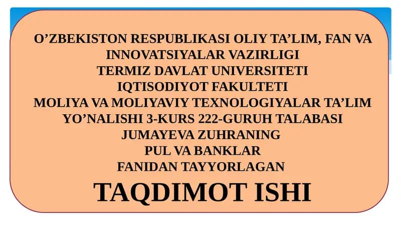 PUL VA BANKLAR TAQDIMOT ISHI