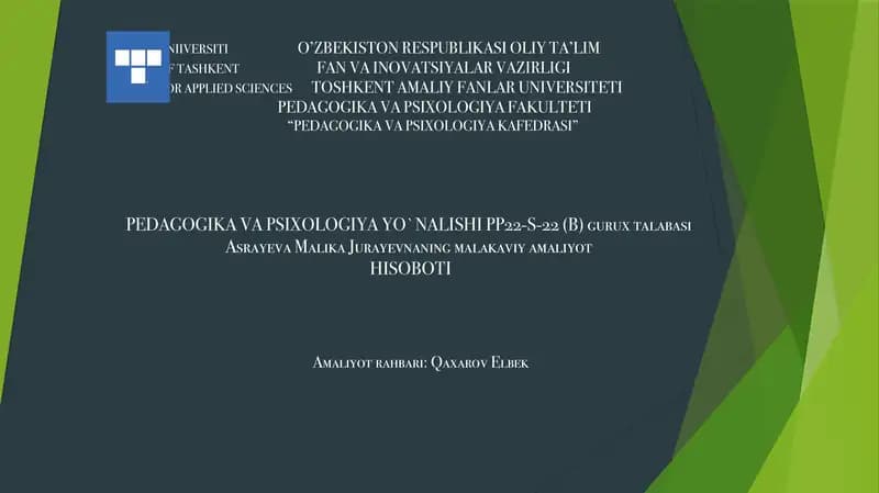 Malika Asrayeva's Malakaviy Amaliyot Hisoboti