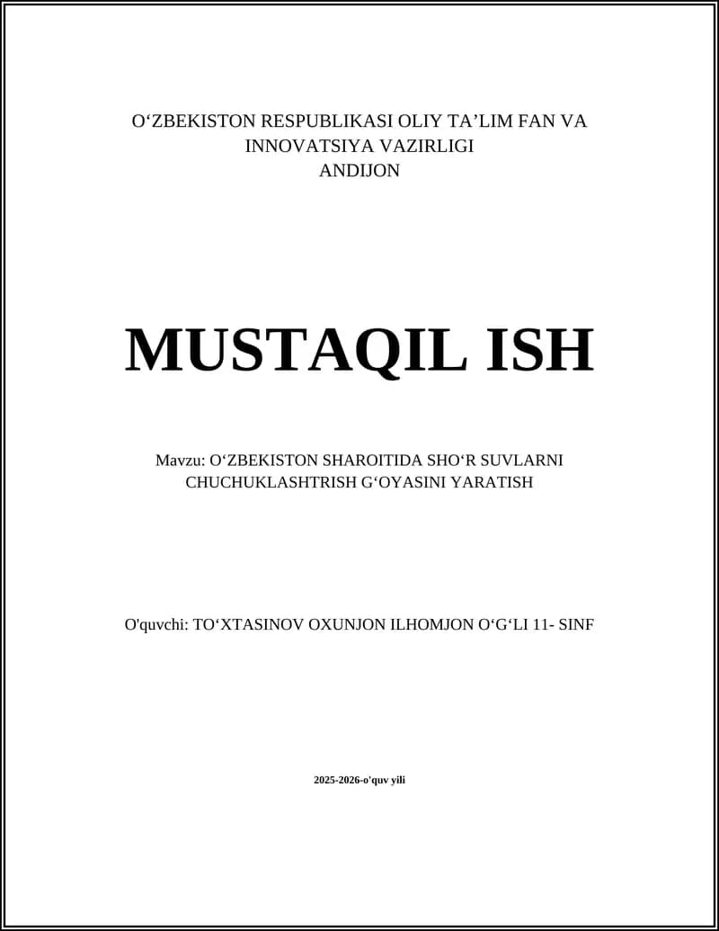 Oʻzbekiston sharoitida shoʻr suvlarni chuchuklashtirish