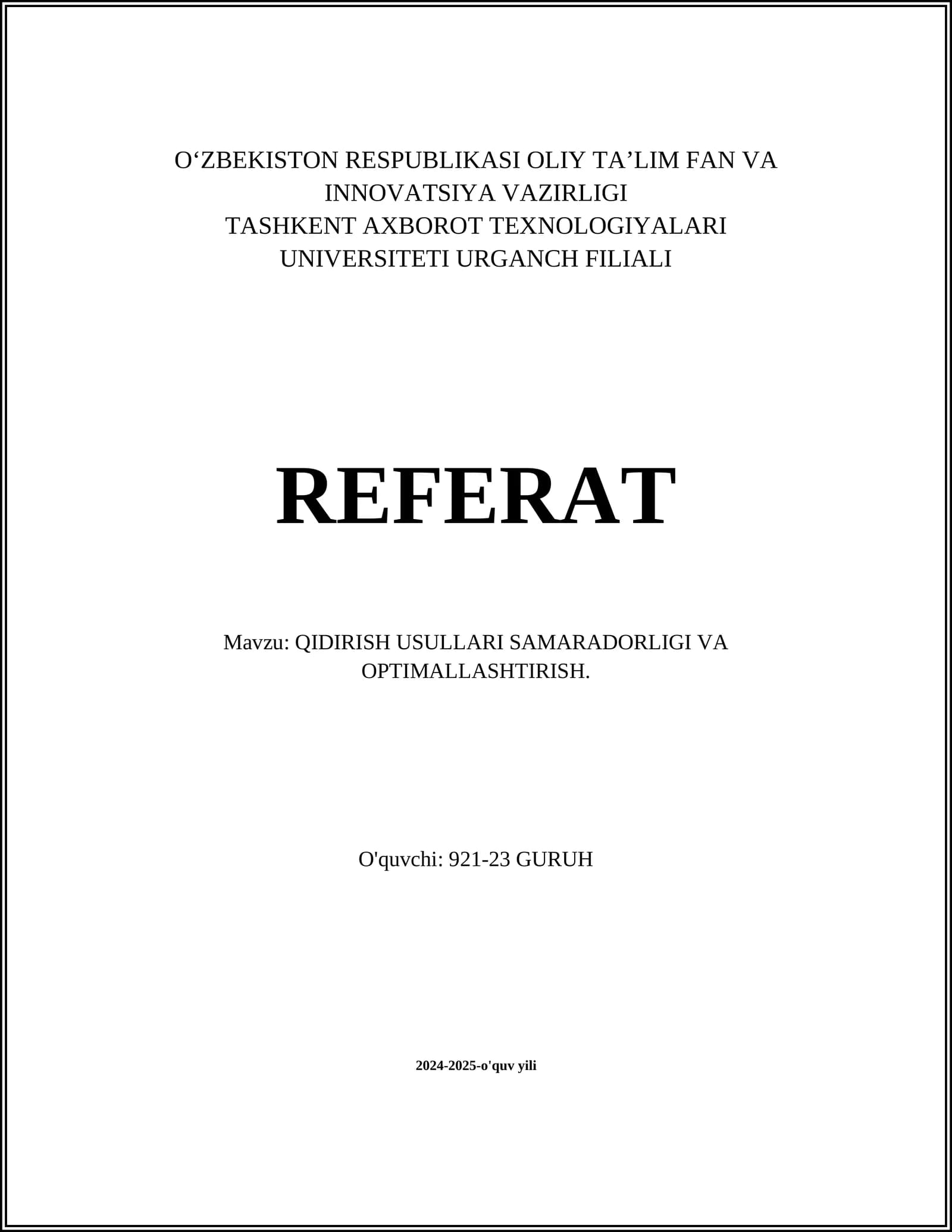 QIDIRISH USULLARI SAMARADORLIGI VA OPTIMALLASHTIRISH