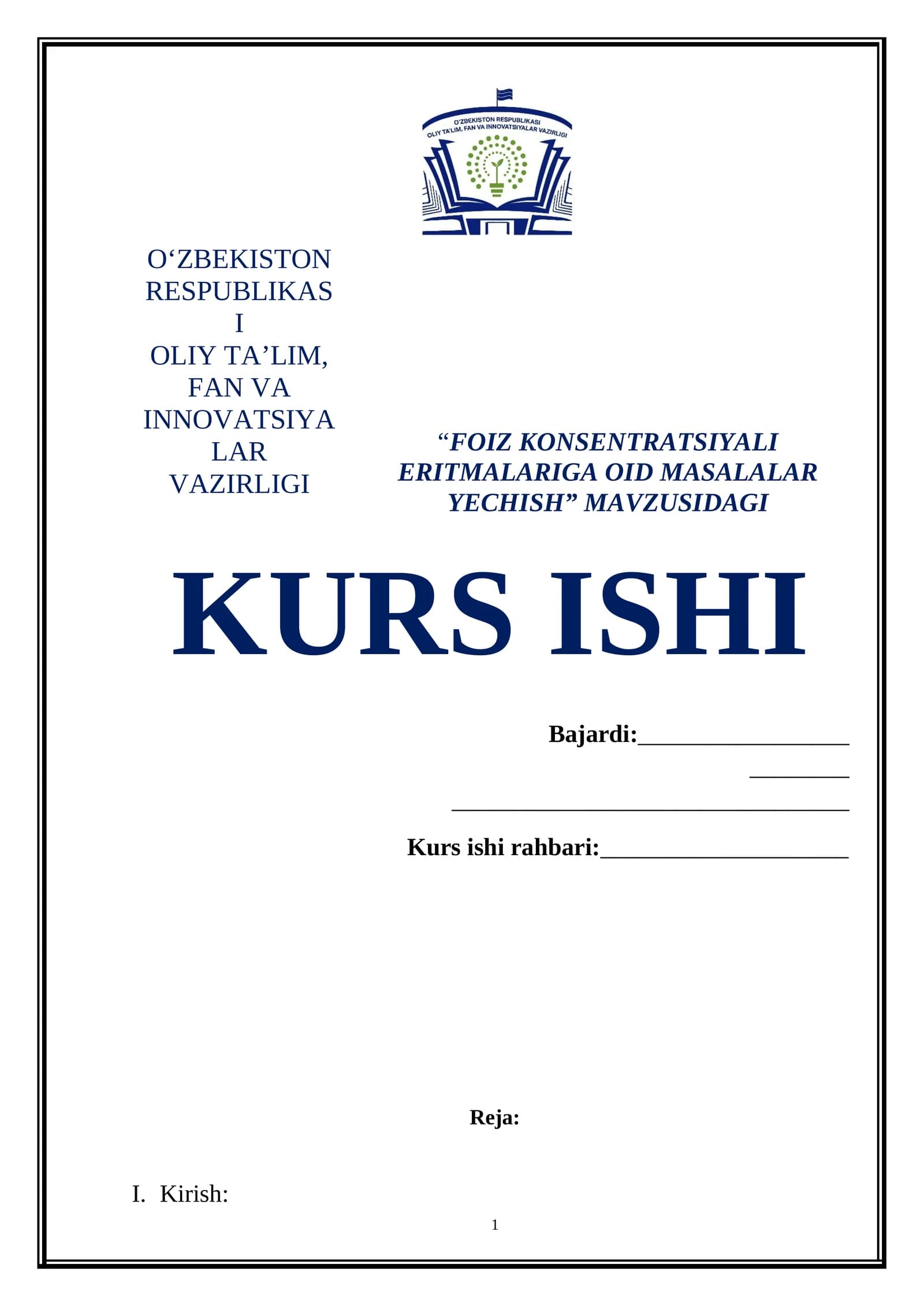 FOIZ KONSENTRATSIYALI ERITMALARIGA OID MASALALAR YECHISH