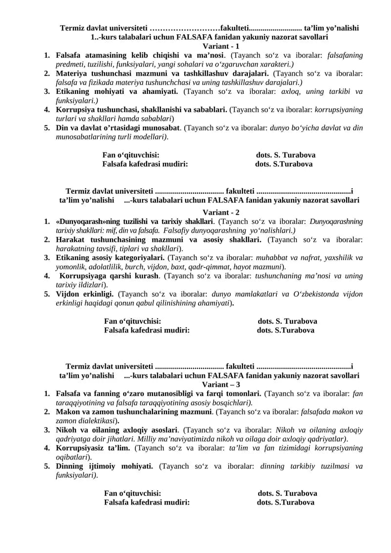 FALSAFA fanidan yakuniy nazorat savollari