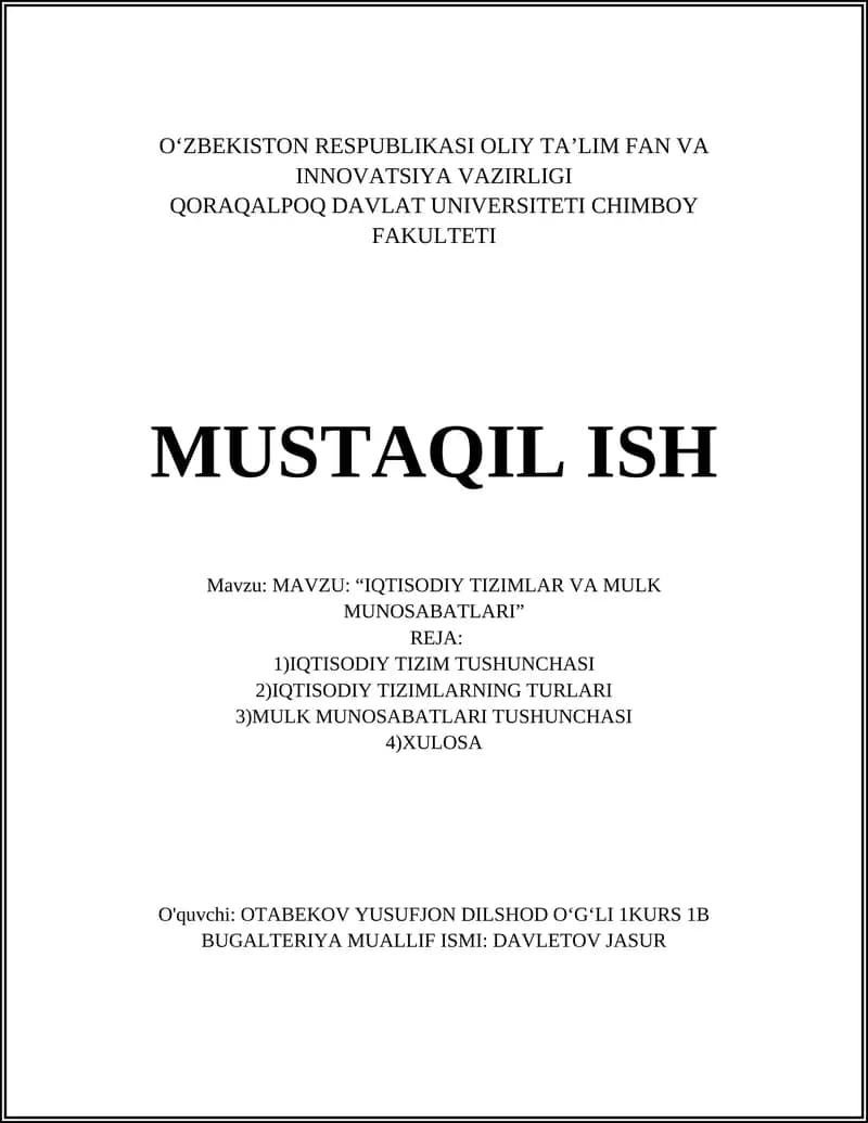 IQTISODIY TIZIMLAR VA MULK MUNOSABATLARI