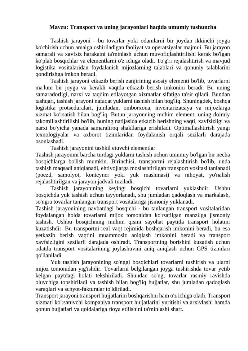 Transport va uning jarayonlari