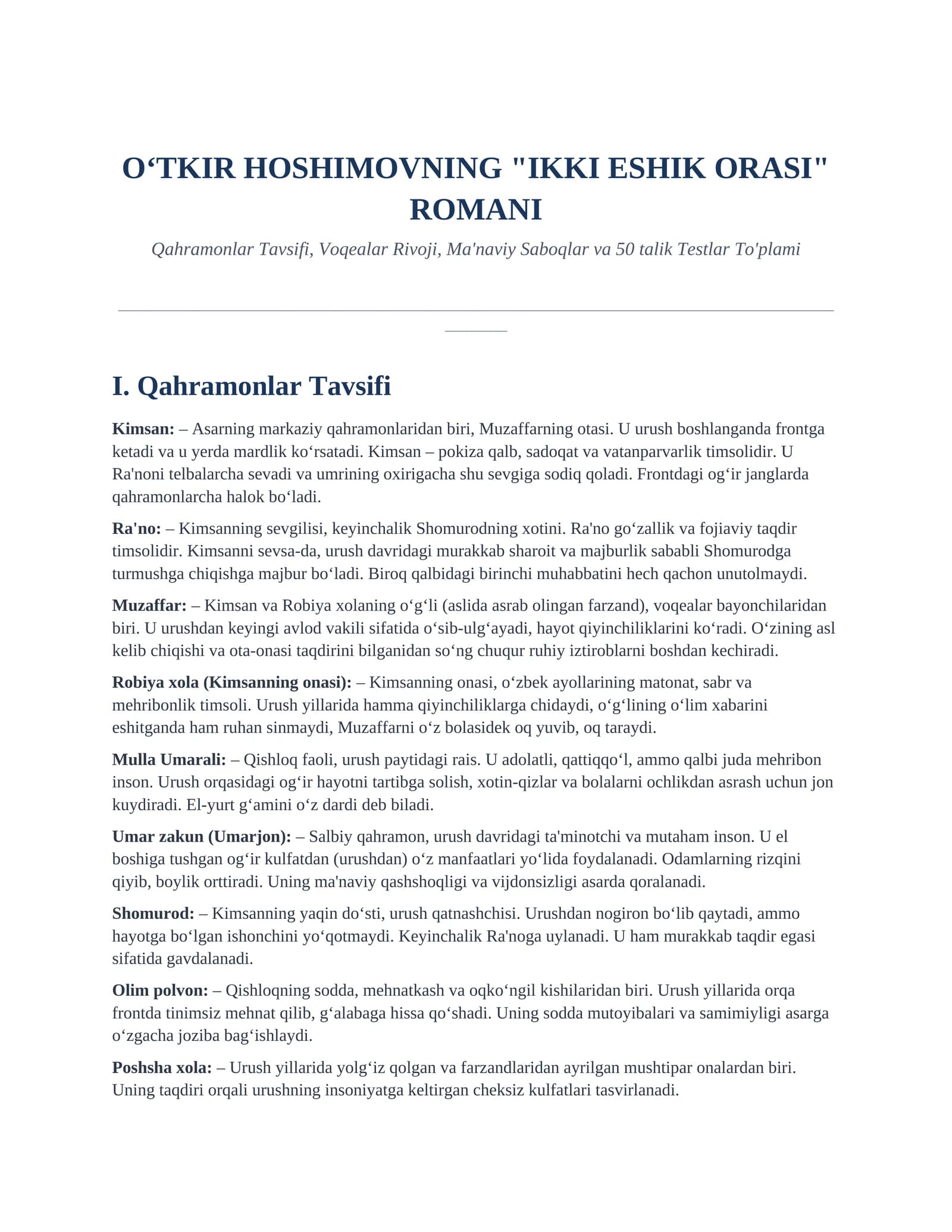 O'TKIR HOSHIMOVNING "IKKI ESHIK ORASI" ROMANI