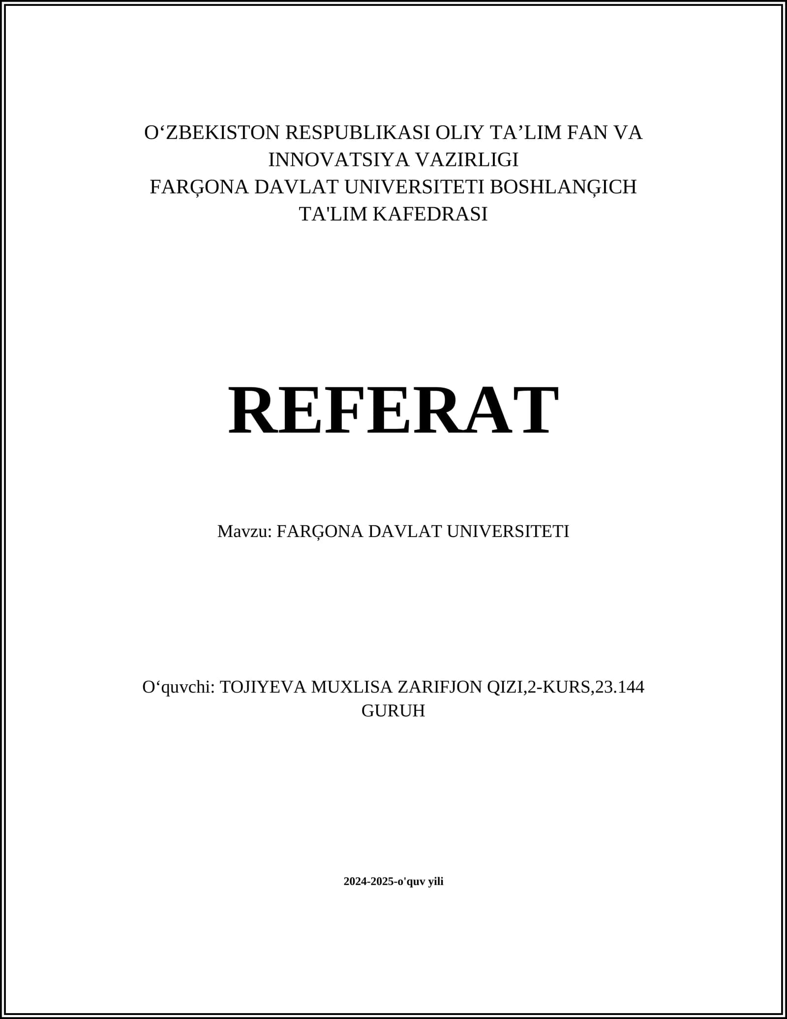 Referat: Fargʻona Davlat Universiteti