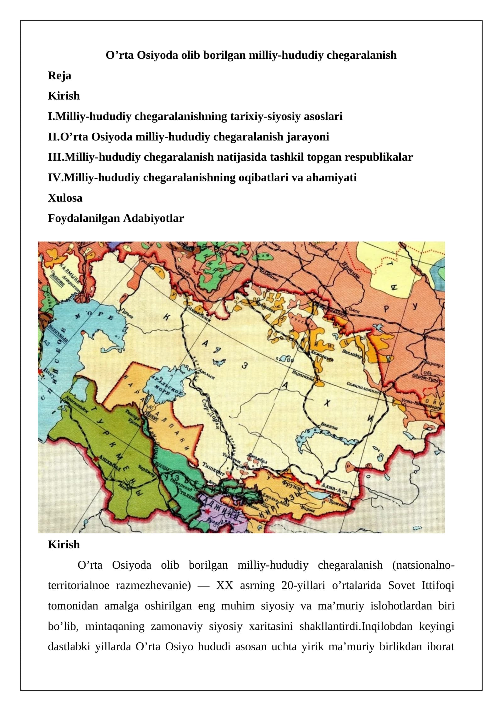 O’rta Osiyoda olib borilgan milliy-hududiy chegaralanish