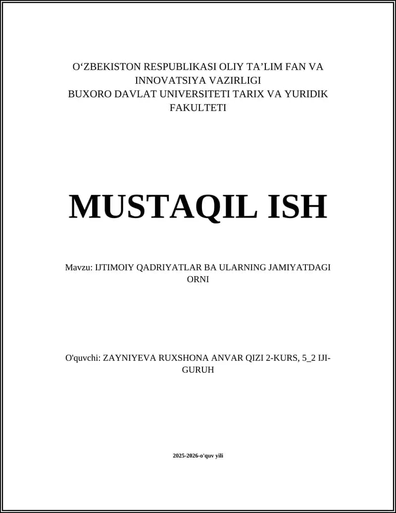 IJTIMOIY QADRIYATLAR BA ULARNING JAMIYATDAGI ORNI