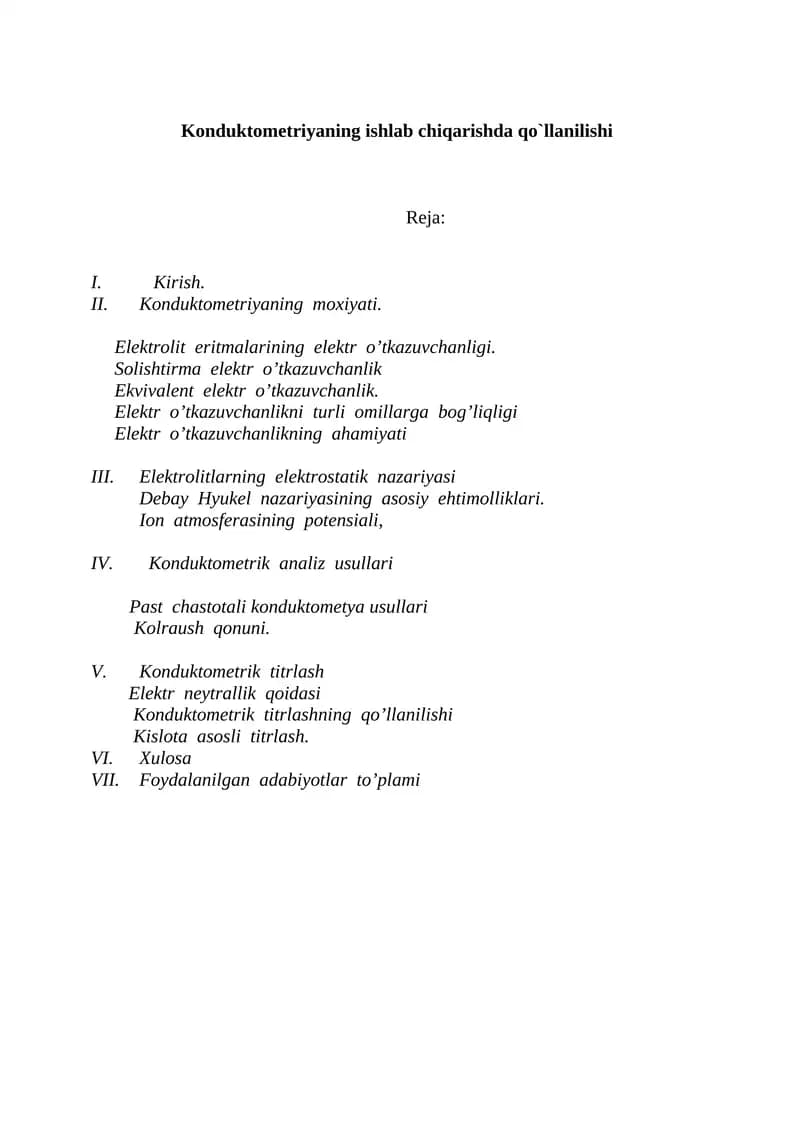 Konduktometriyaning ishlab chiqarishda qo`llanilishi