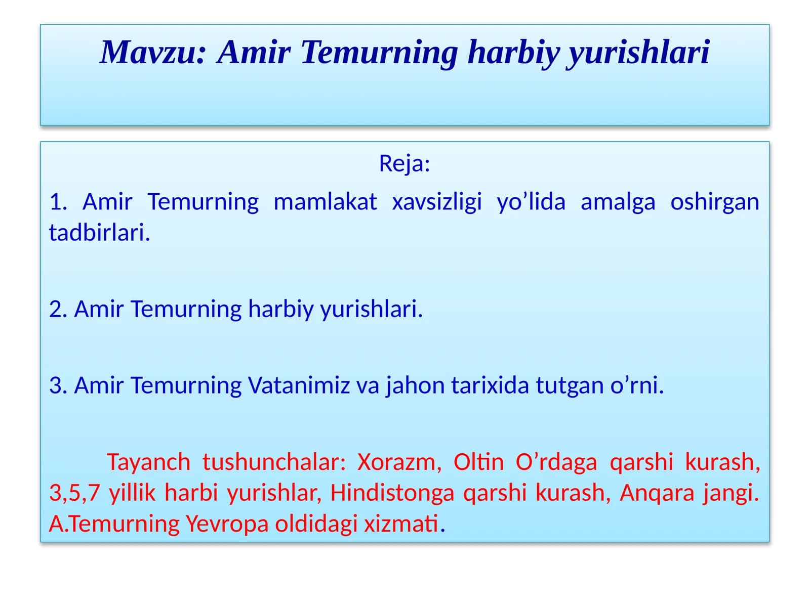7-sinf O'zbekiston tarixi Amir Temurning harbiy yurishlari dars ishlanma