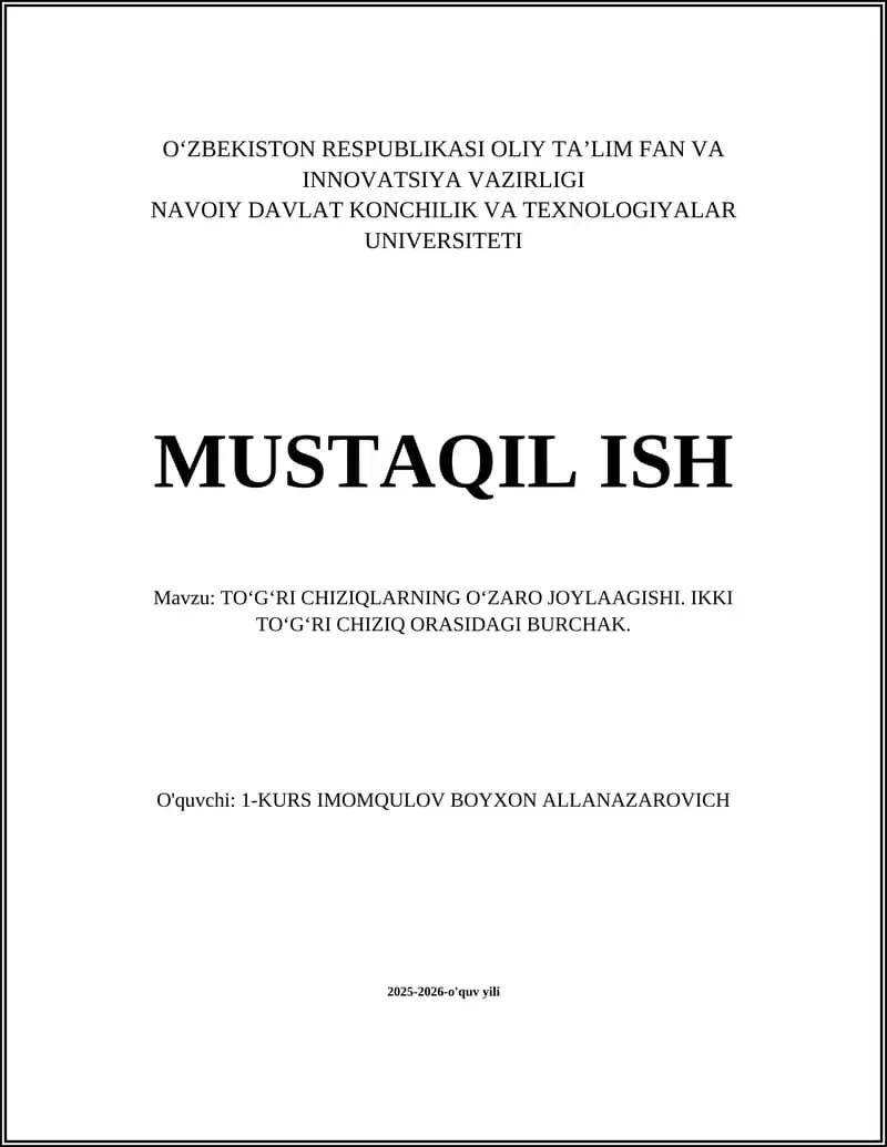 TOʻGʻRI CHIZIQLARNING OʻZARO JOYLAAGISHI