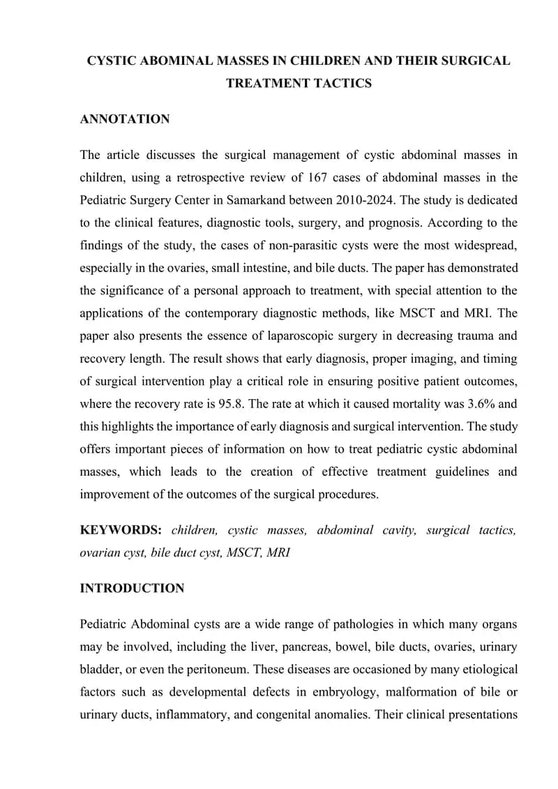CYSTIC ABOMINAL MASSES IN CHILDREN AND THEIR SURGICAL TREATMENT TACTICS