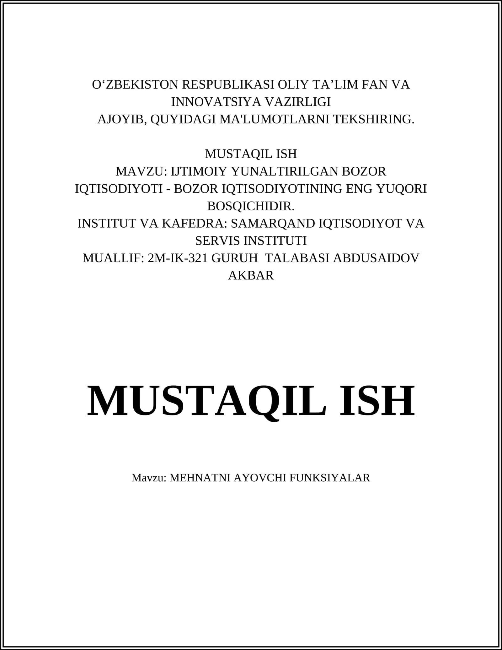 MEHNATNI AYOVCHI FUNKSIYALAR