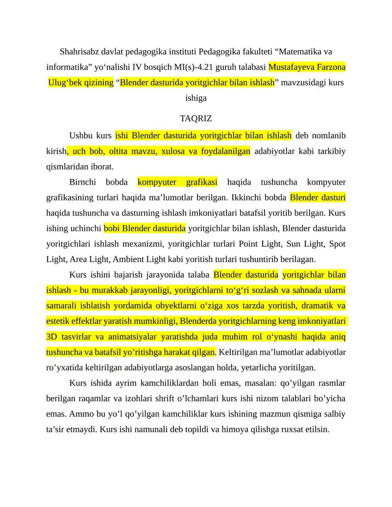 Blender dasturida yoritgichlar bilan ishlash