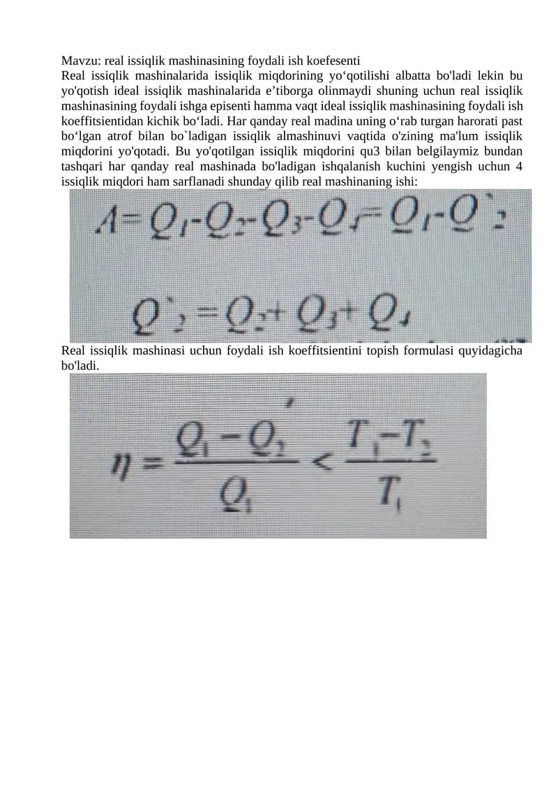 real issiqlik mashinasining foydali ish koefesenti
