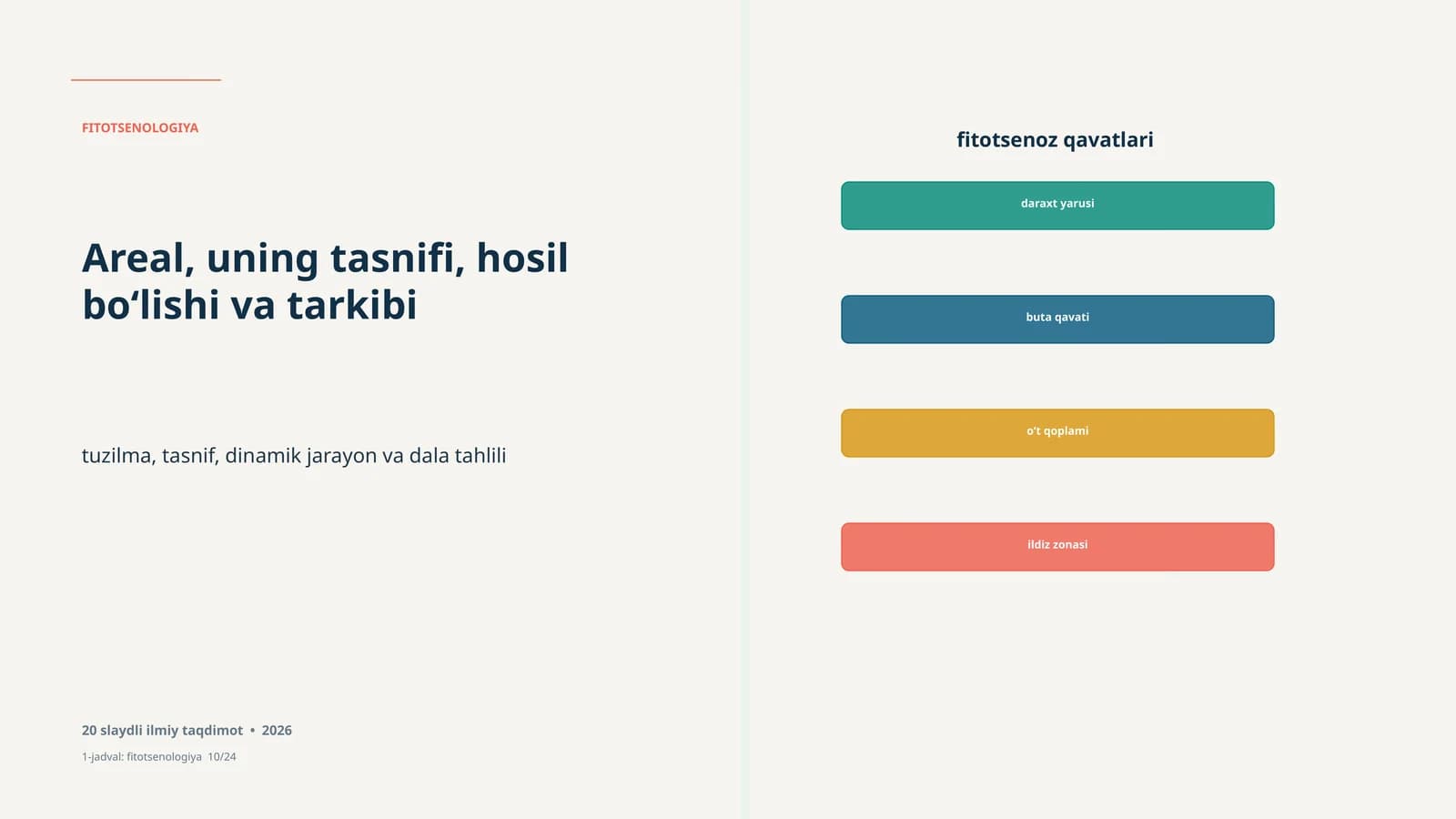 FITOTSENOLOGIYA Areal, uning tasnifi, hosil bo‘lishi va tarkibi. Uzbek text discussing the classification of plant communities, their composition, and formation
