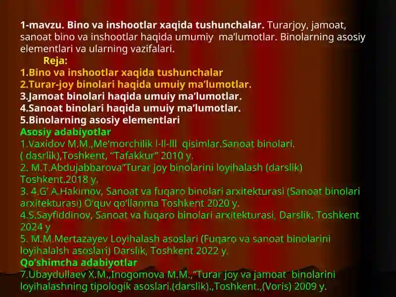 Bino va inshootlar xaqida tushunchalar
