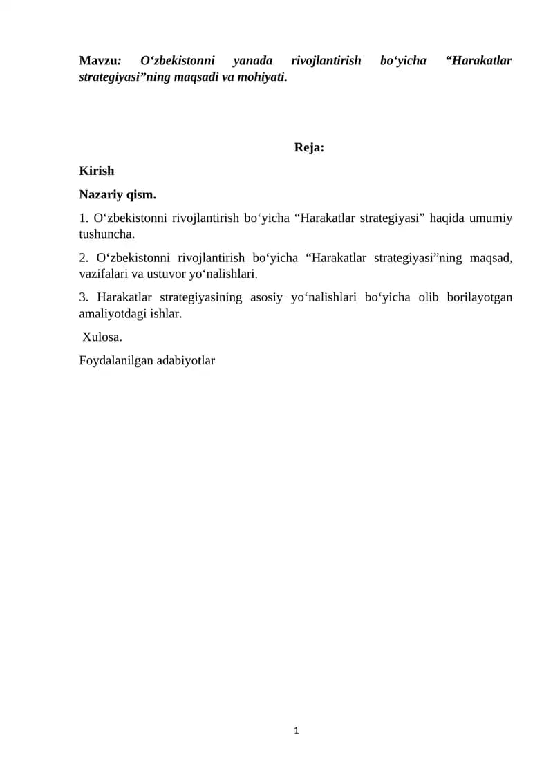 O‘zbekistonni rivojlantirish bo‘yicha “Harakatlar strategiyasi”
