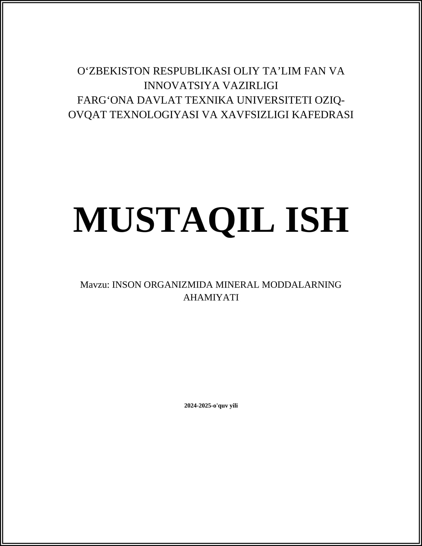 INSON ORGANIZMIDA MINERAL MODDALARNING AHAMIYATI