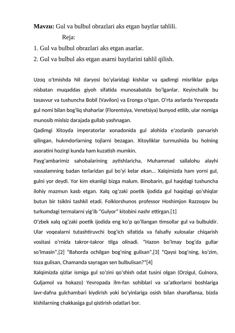 Gul va bulbul obrazlari aks etgan baytlar tahlili