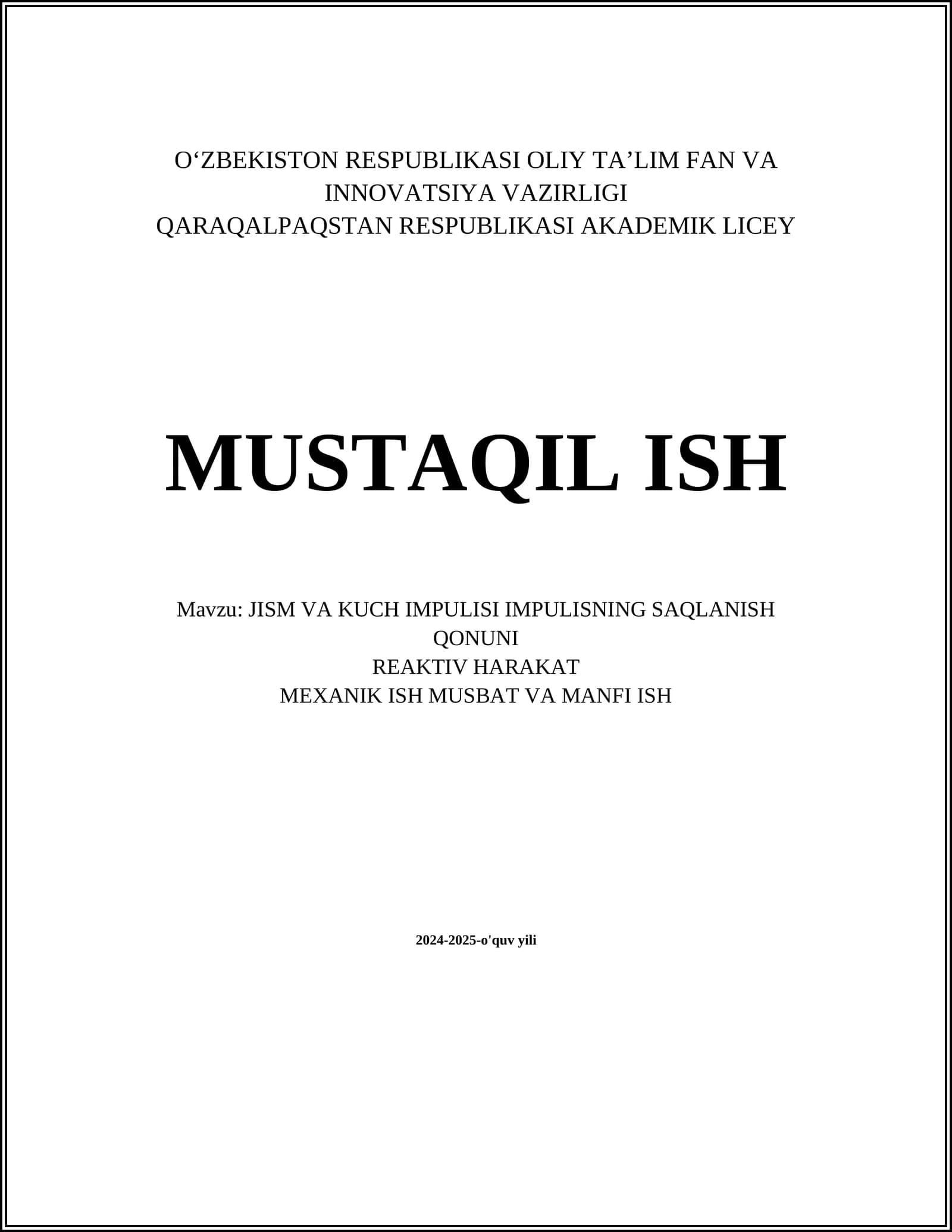 JISM VA KUCH IMPULISI IMPULISNING SAQLANISH QONUNI