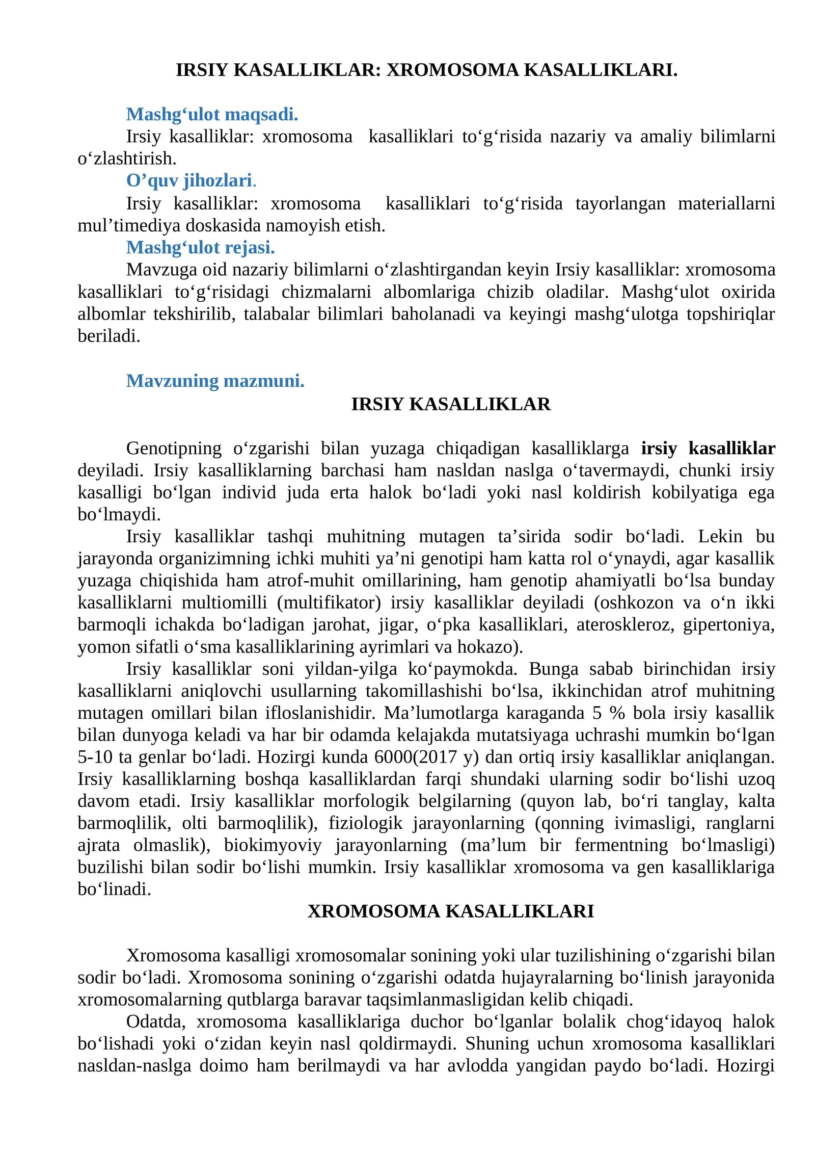 IRSIY KASALLIKLAR: XROMOSOMA KASALLIKLARI