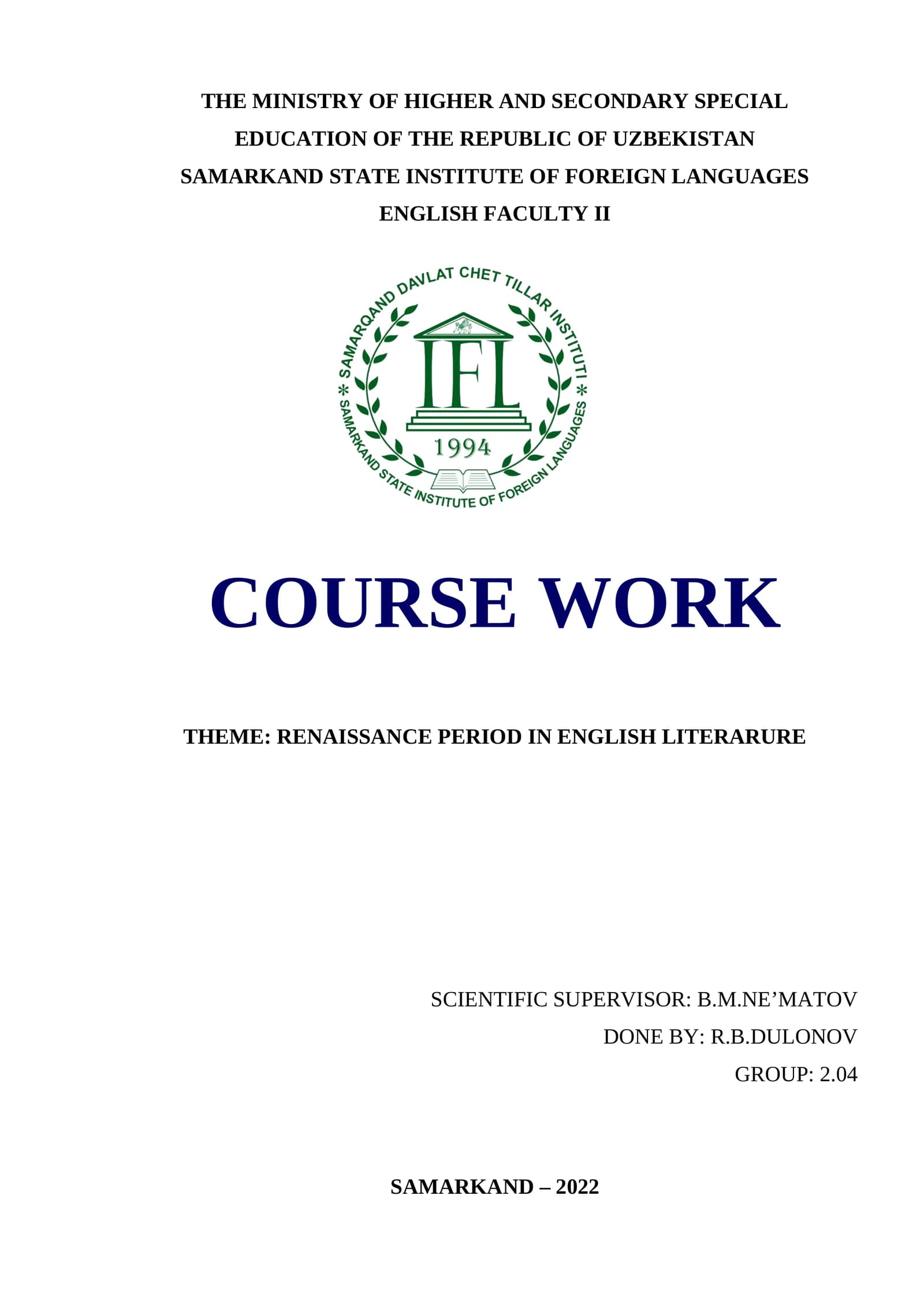 RENAISSANCE PERIOD IN ENGLISH LITERATURE