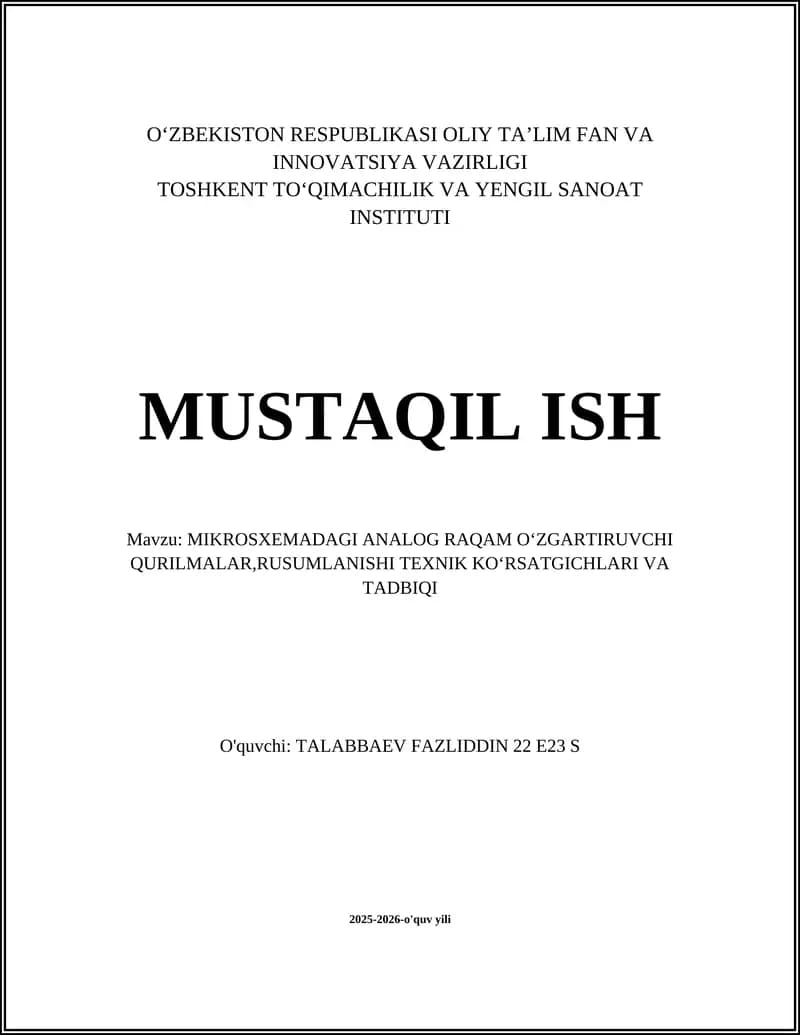 MIKROSXEMADAGI ANALOG RAQAM OʻZGARTIRUVCHI QURILMALAR