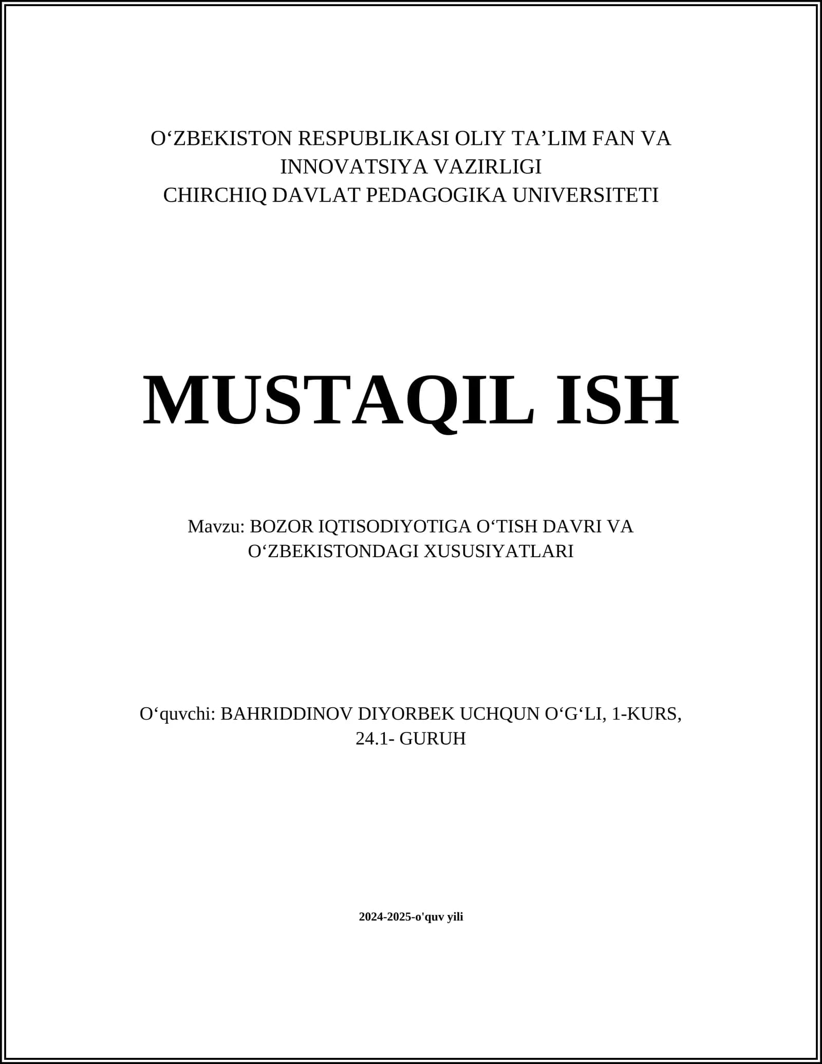 BOZOR IQTISODIYOTIGA OʻTISH DAVRI VA OʻZBEKISTONDAGI XUSUSIYATLARI