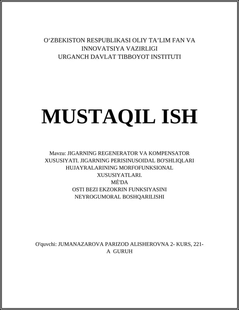JIGARNING REGENERATOR VA KOMPENSATOR XUSUSIYATI