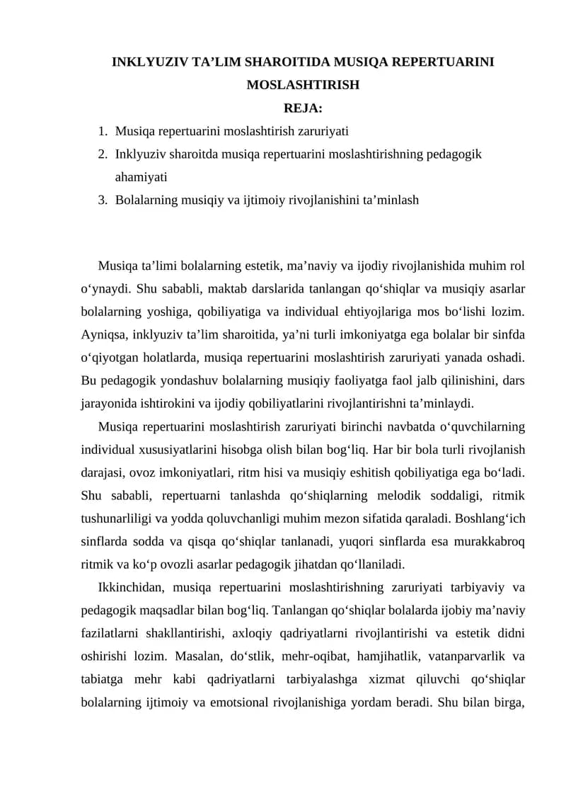 INKLYUZIV TA’LIM SHAROITIDA MUSIQA REPERTUARINI MOSLASHTIRISH