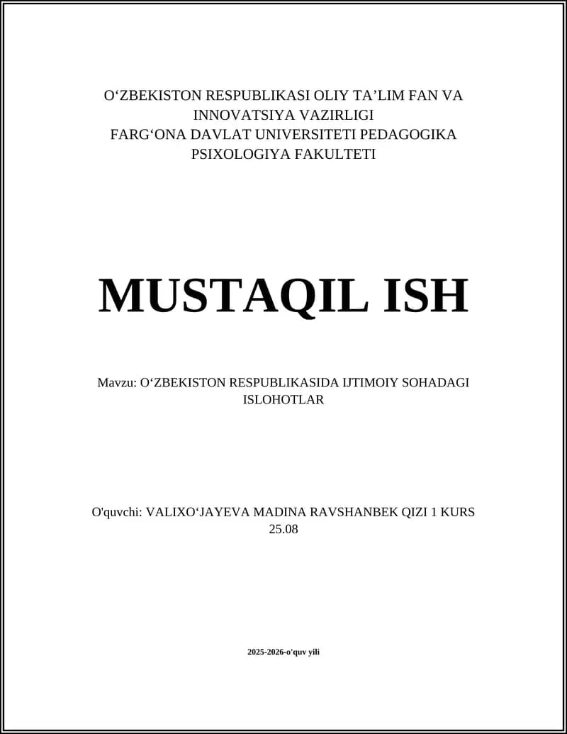 OʻZBEKISTON RESPUBLIKASIDA IJTIMOIY SOHADAGI ISLOHOTLAR