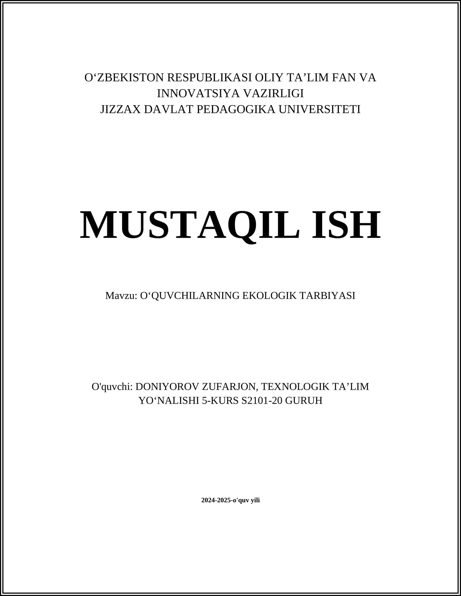 OʻQUVCHILARNING EKOLOGIK TARBIYASI