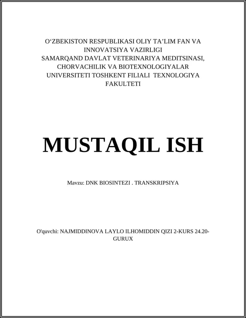 DNK BIOSINTEZI. TRANSKRIPSIYA