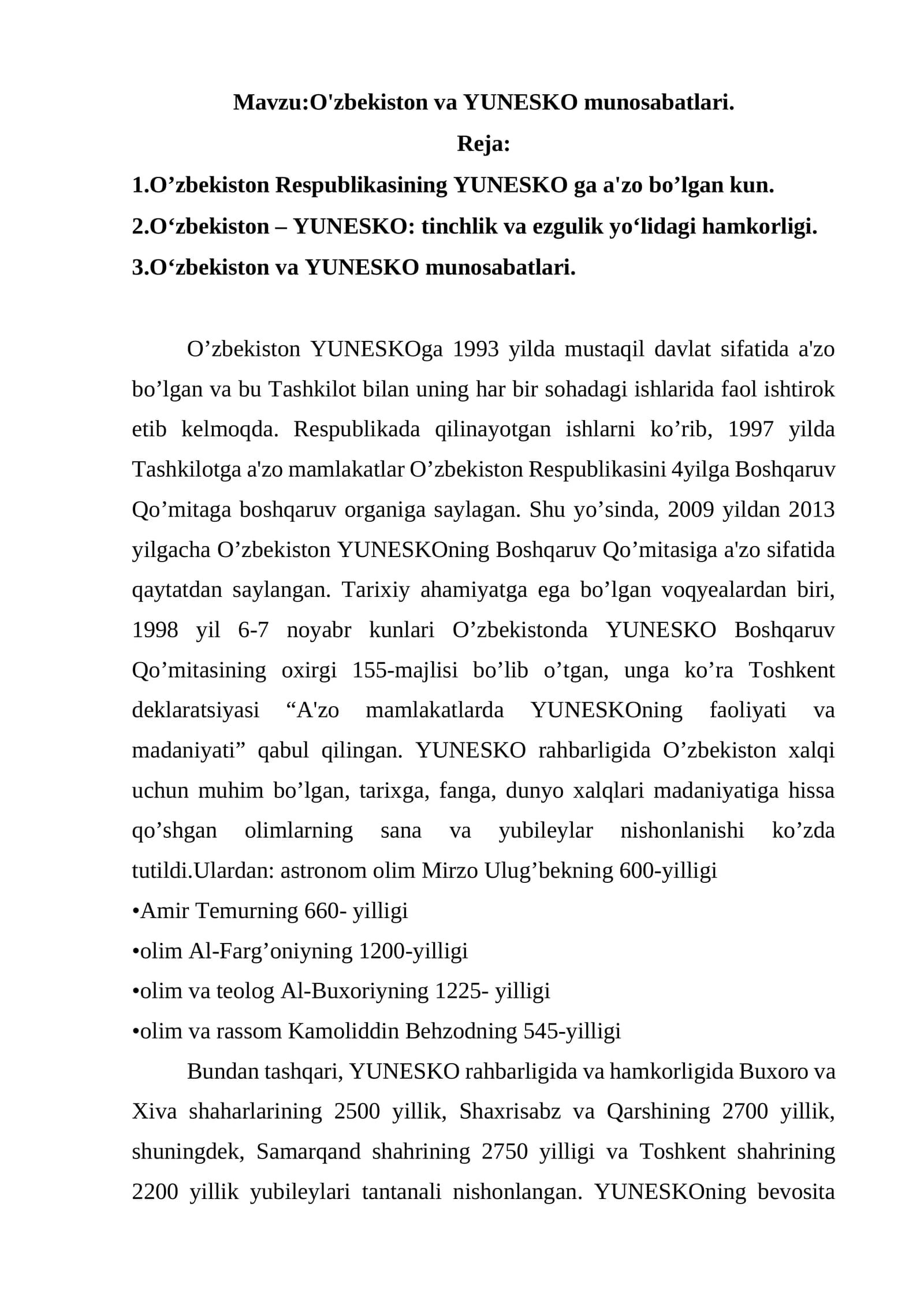 O'zbekiston va YUNESKO munosabatlari