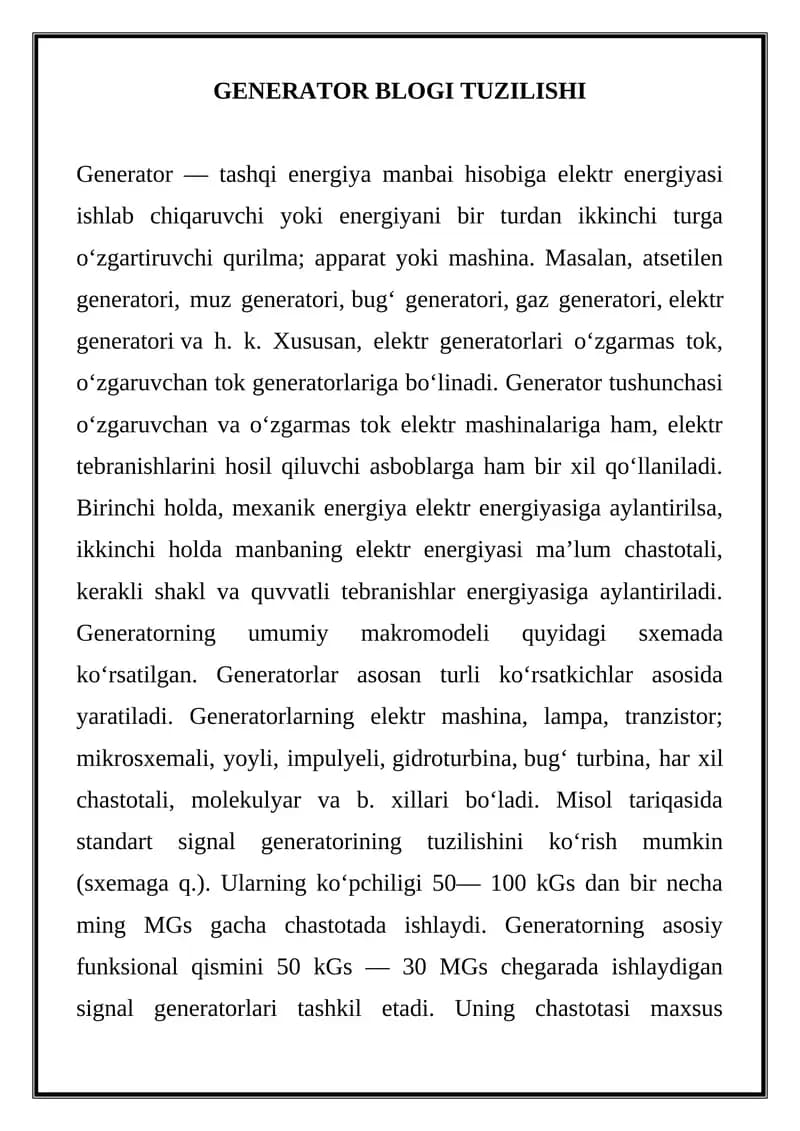 GENERATOR BLOGI TUZILISHI