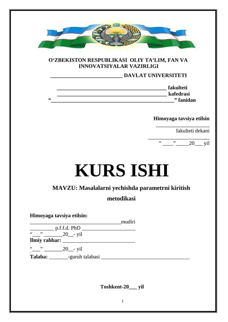 Masalalarni yechishda parametrni kiritish metodikasi